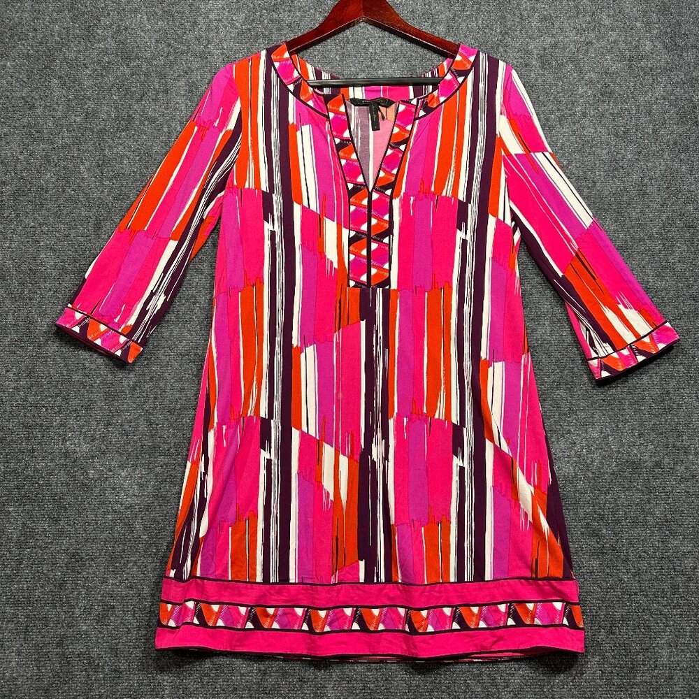 BCBGMAXAZRIA  Dress Womens Medium Shift Bold Print 3/4 Sleeve Stretch Knit